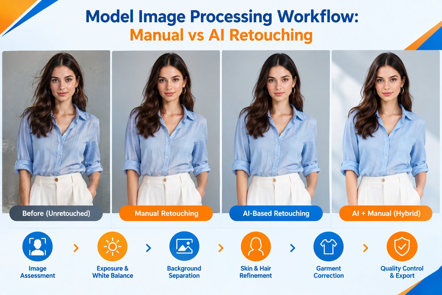 Model Image Processing Workflow Manual vs AI Retouching